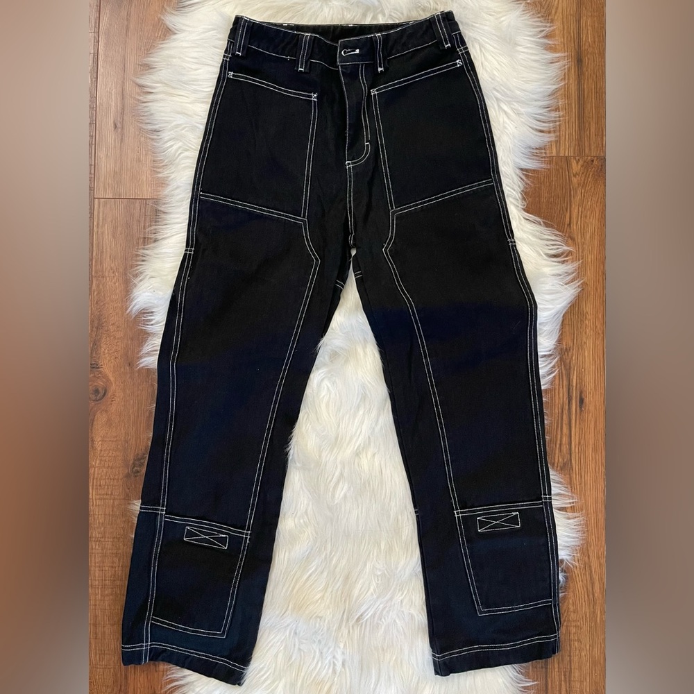 Liquid Lagoon Men’s Skater Wide Leg Rigid Work Jeans Black + White Stitch 30x28